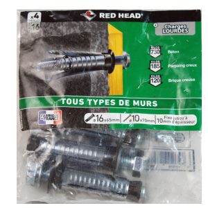 4 Chevilles G2X 16 x 65mm + vis TH 10 x 70mm. RED HEAD