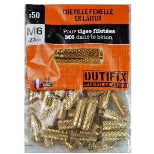 50 Chevilles femelles laiton M6 x 23 mm pour matériaux plein OUTIFIX