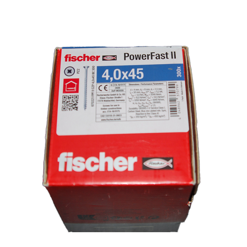 Boite de 300 vis bois zinguées PowerFast FPF II CZP 4,0 x 45 Tête fraisée empreinte PZ FISCHER ref. 670221