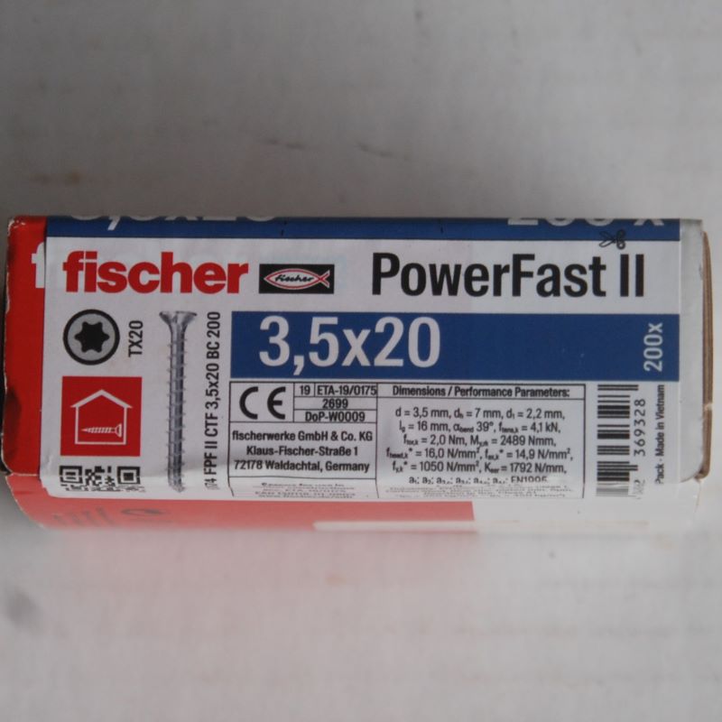 Boite de 200 vis bois zinguées PowerFast FPF II CZF 3,5 x 20 Tête fraisée empreinte TX FISCHER ref. 670074 – Image 2