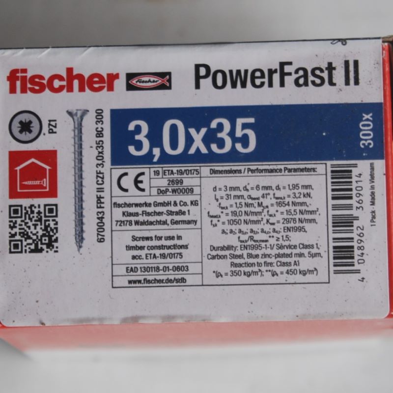 Boite de 300 vis bois zinguées PowerFast FPF II CZF 3 x 35 Tête fraisée empreinte PZ FISCHER ref. 670043 – Image 2