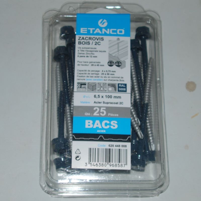 25 Vis Zacrovis 6,5x100 bleu gris Tête 6 pans RAL 5008 Réf. 620448008 ETANCO