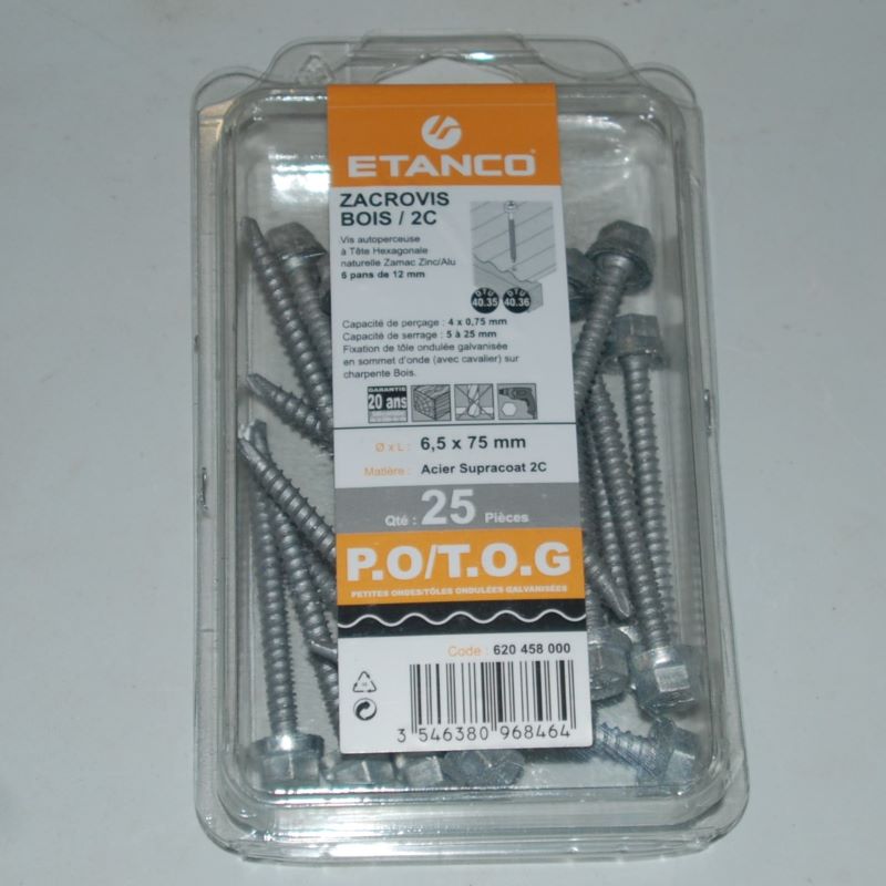 25 Vis Zacrovis 6,5x75 bois TH12 Réf. 620458000 ETANCO