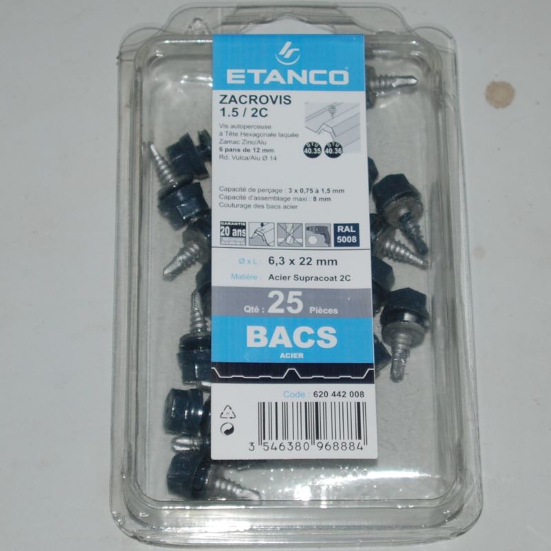 25 Vis Zacrovis 1.5 6,3x22 bleu gris RAL 5008 Réf. 620442008 ETANCO