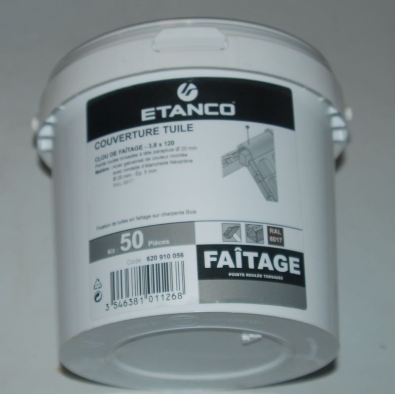 Sceau de 50 clous de faîtage D. 3,8 x 120 mm. tête parapluie acier galvanisé brun RAL 8017 Ref. 820910056 ETANCO