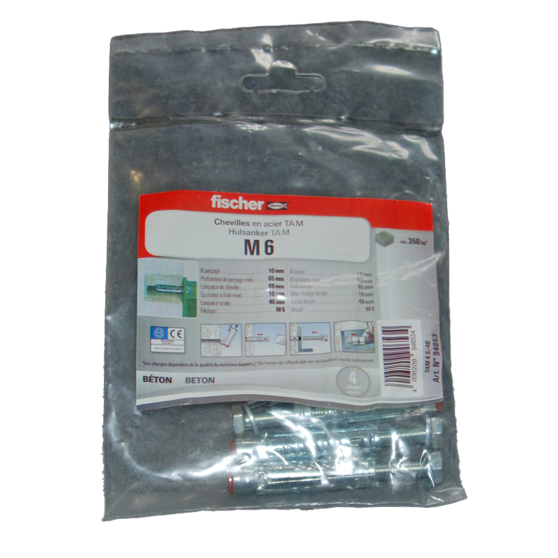 4 Chevilles à douille TA M6 S en acier électrozingué, avec vis Ref. 94653 FISCHER