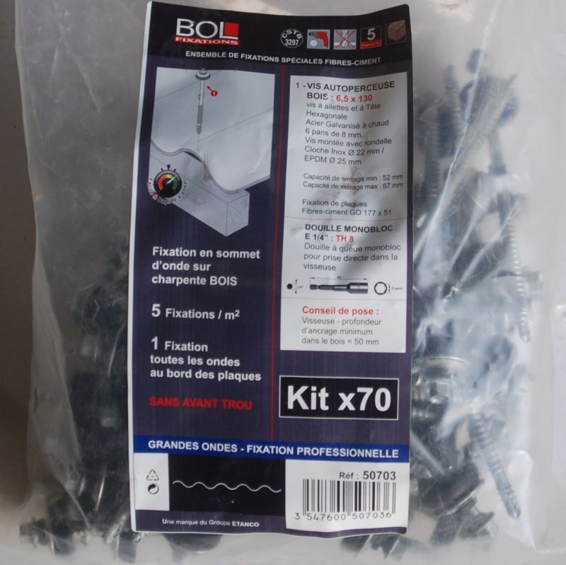 Kit 70 Fixations spéciales Fibres-ciment Vis autoperceuse bois 6,5x130mm.Rondelle cloche Inox. Grandes ondes Ref. 50703 BOL-FIXATIONS