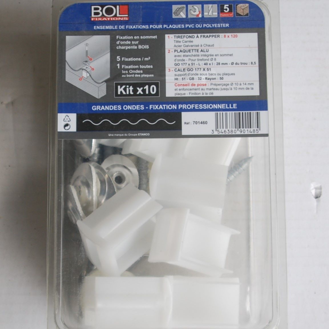 Kit 10 Fixations plaques PVC ou Polyester Tirefonds à frapper 8x120mm. grandes ondes Ref. 701460 BOL-FIXATIONS