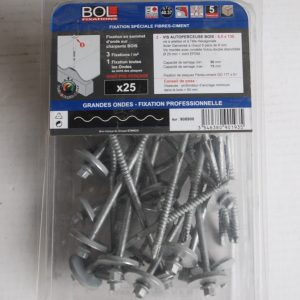 Kit 25 Fixations spéciales Fibres-ciment Vis autoperceuse bois 6,5x130mm. Rondelle Vulca grandes ondes Ref. 908900 BOL-FIXATIONS