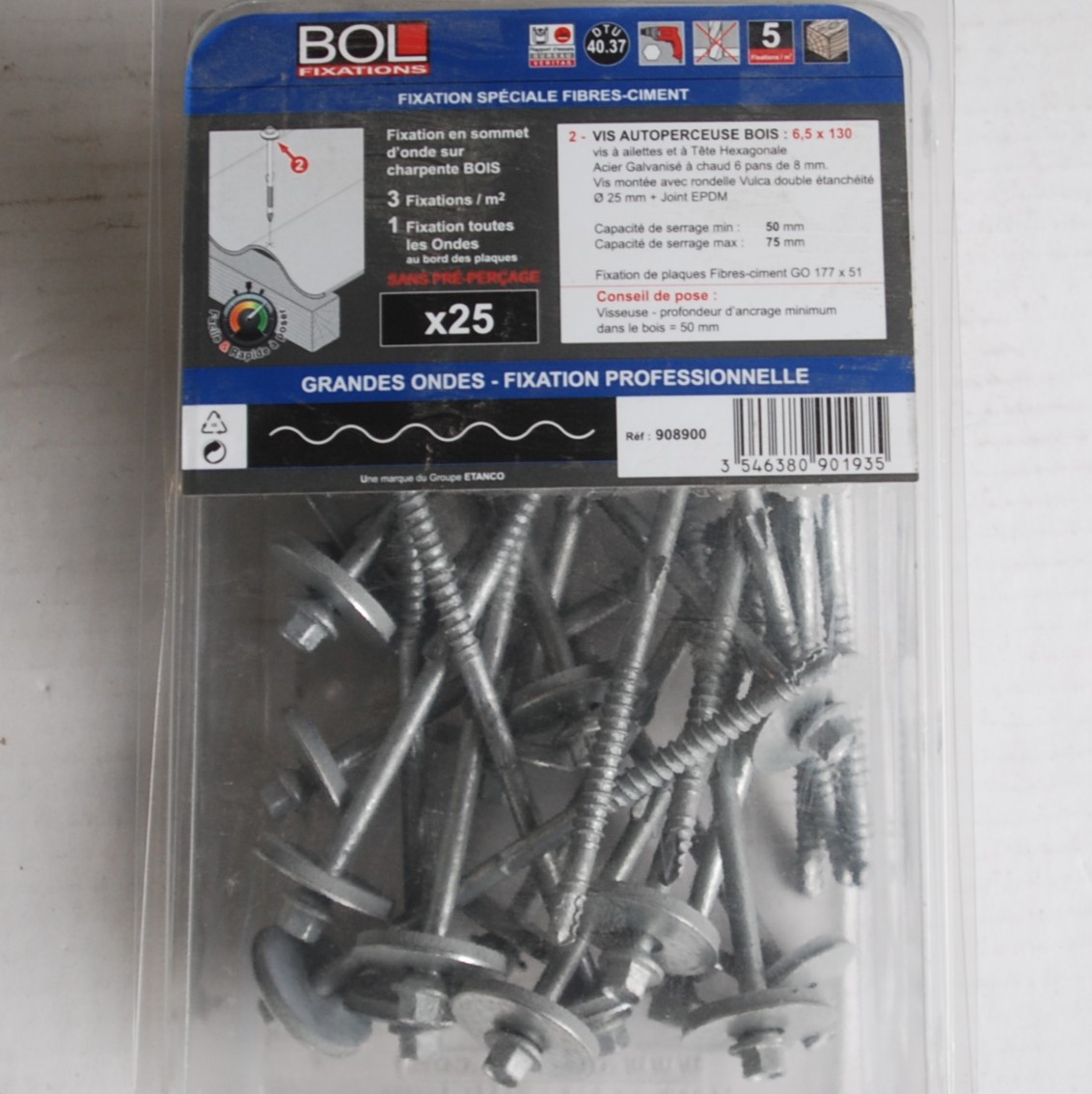 Kit 25 Fixations spéciales Fibres-ciment Vis autoperceuse bois 6,5x130mm. Rondelle Vulca grandes ondes Ref. 908900 BOL-FIXATIONS