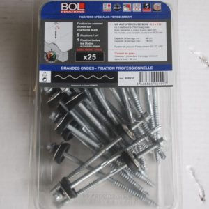 Kit 25 Fixations spéciales Fibres-ciment Vis autoperceuse bois 6,5x130mm. Rondelle cloche Inox grandes ondes Ref. 908930 BOL-FIXATIONS