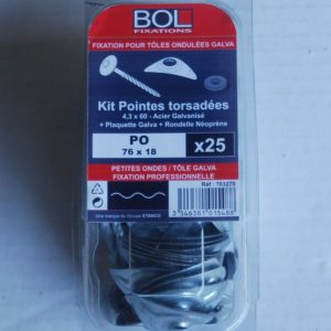 Kit 25 Fixations Tôles Galva Pointes torsadées 4,3x60mm. + plaquettes petites ondes Ref. 703270 BOL-FIXATIONS