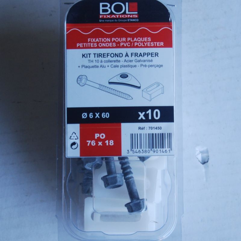 Kit 10 Fixations plaques PVC ou Polyester Tirefonds à frapper 6x60mm. petites ondes Ref. 701450 BOL-FIXATIONS