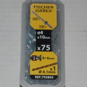 1 boite de 75 rivets aveugles 4mm x 10mm Acier avec 1 foret FICHER DAREX