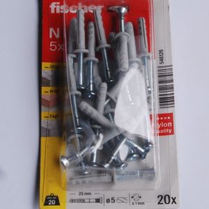Boite de 20 Cheville à frapper N 5 x 25/1 F K avec collerette plate et clou à empreinte PZ  FISCHER ref. 546126