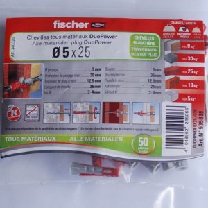 Sachet de 50 chevilles bi-matière DuoPower 5 x 25mm. FISCHER ref. 535898