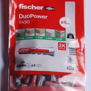 Sachet de 40 chevilles bi-matière DuoPower 6 x 30mm. FISCHER ref. 535899