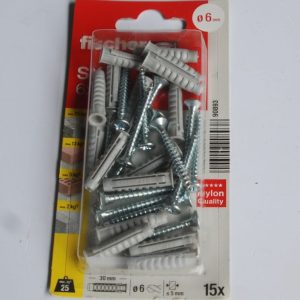 15 Chevilles à expansion en nylon SX 6 x 30 avec vis FISCHER ref. 90893