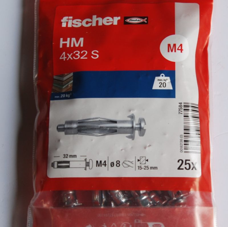 25 Chevilles métallique pour corps creux HM-S 4 x 32 S avec vis métrique Ref. 77584 FISCHER