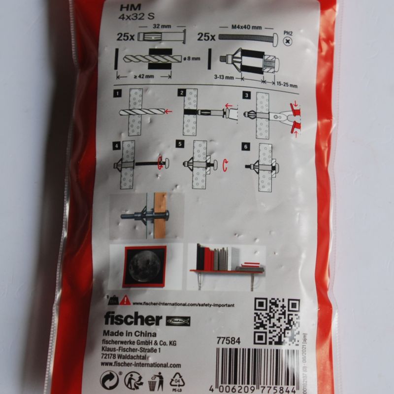 25 Chevilles métallique pour corps creux HM-S 4 x 32 S avec vis métrique Ref. 77584 FISCHER – Image 2