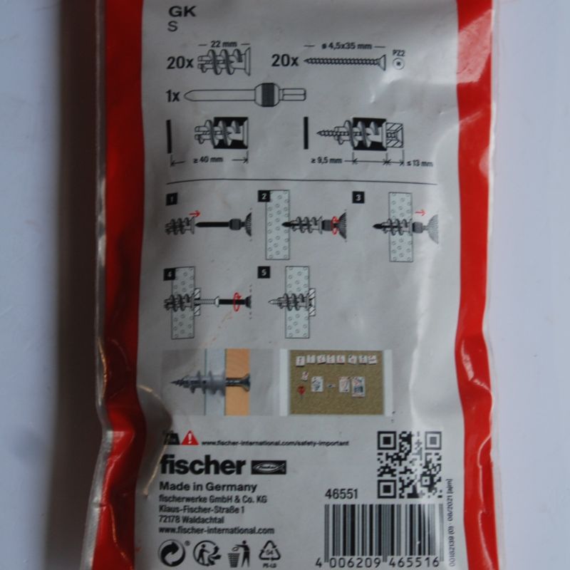 20 Chevilles nylon avec vis pour carton-plâtre GK S. Ref. 46551 FISCHER – Image 2