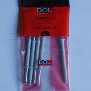 Sachet de 5 chevilles à frapper D.6 x 80mm. Tfix 50 avec vis BOL FIXATION Ref. 191608