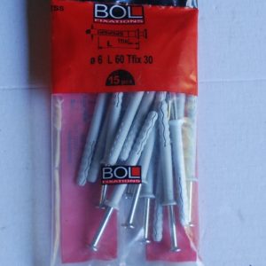 Sachet de 15 chevilles à frapper D.6 x 60mm. Tfix 30 avec vis BOL FIXATION Ref. 191606